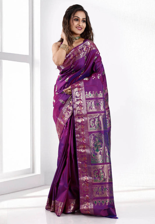 Cross Purple Baluchari Pure Silk Saree with Blouse Piece - Adi Akshoy & Co.