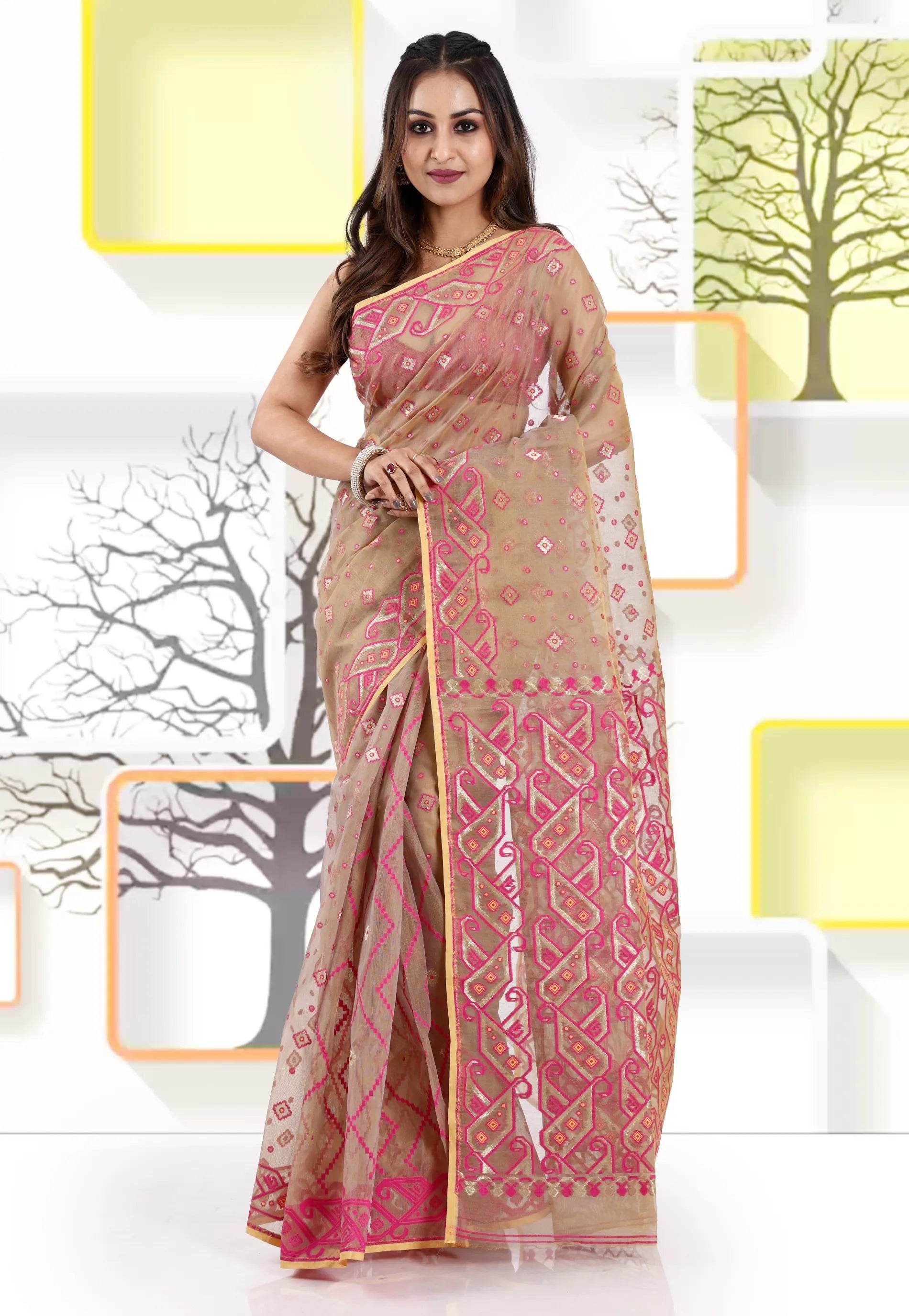 Beige Dhakai Jamdani Cotton Saree without Blouse Piece - Adi Akshoy & Co.