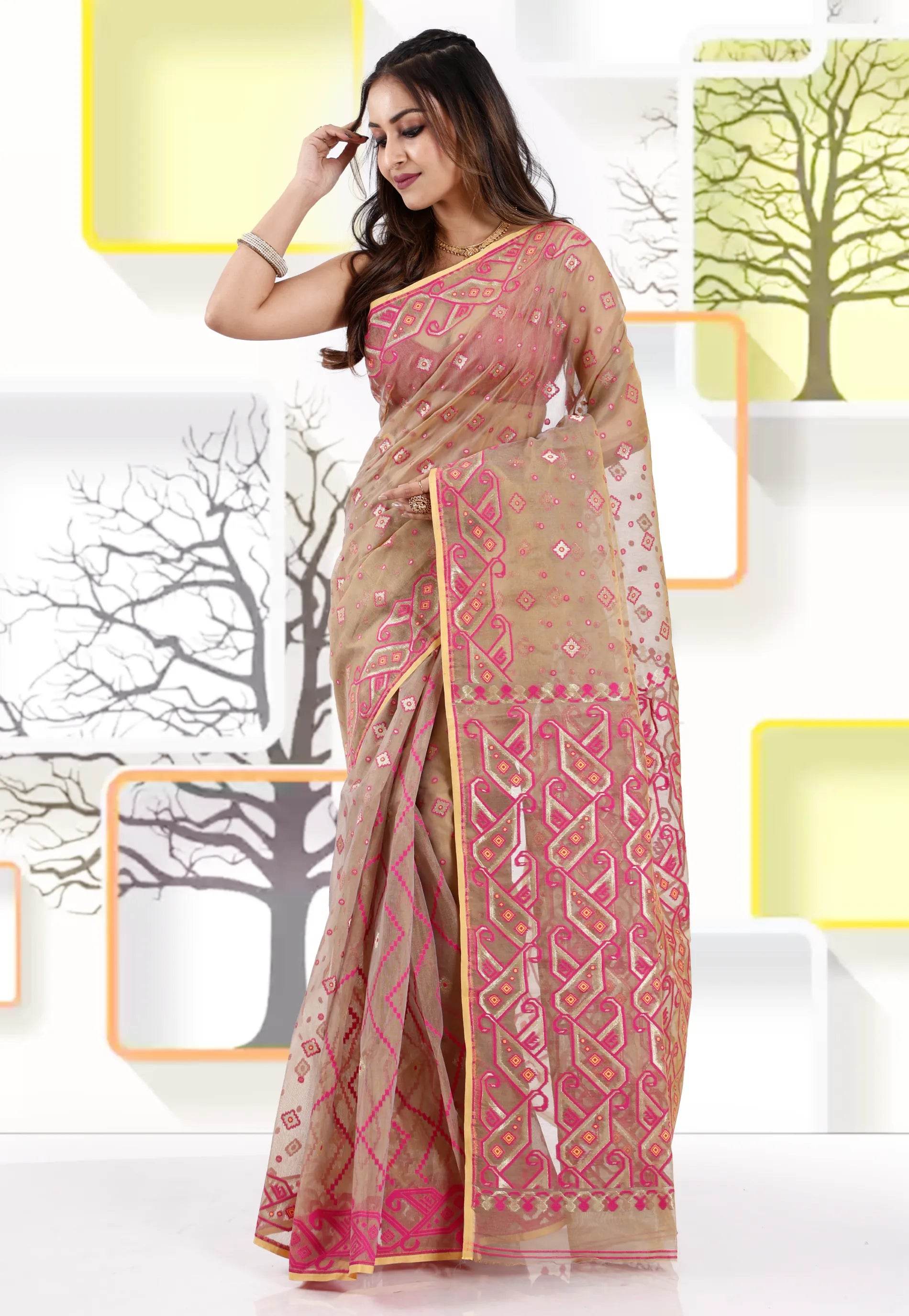 Beige Dhakai Jamdani Cotton Saree without Blouse Piece - Adi Akshoy & Co.