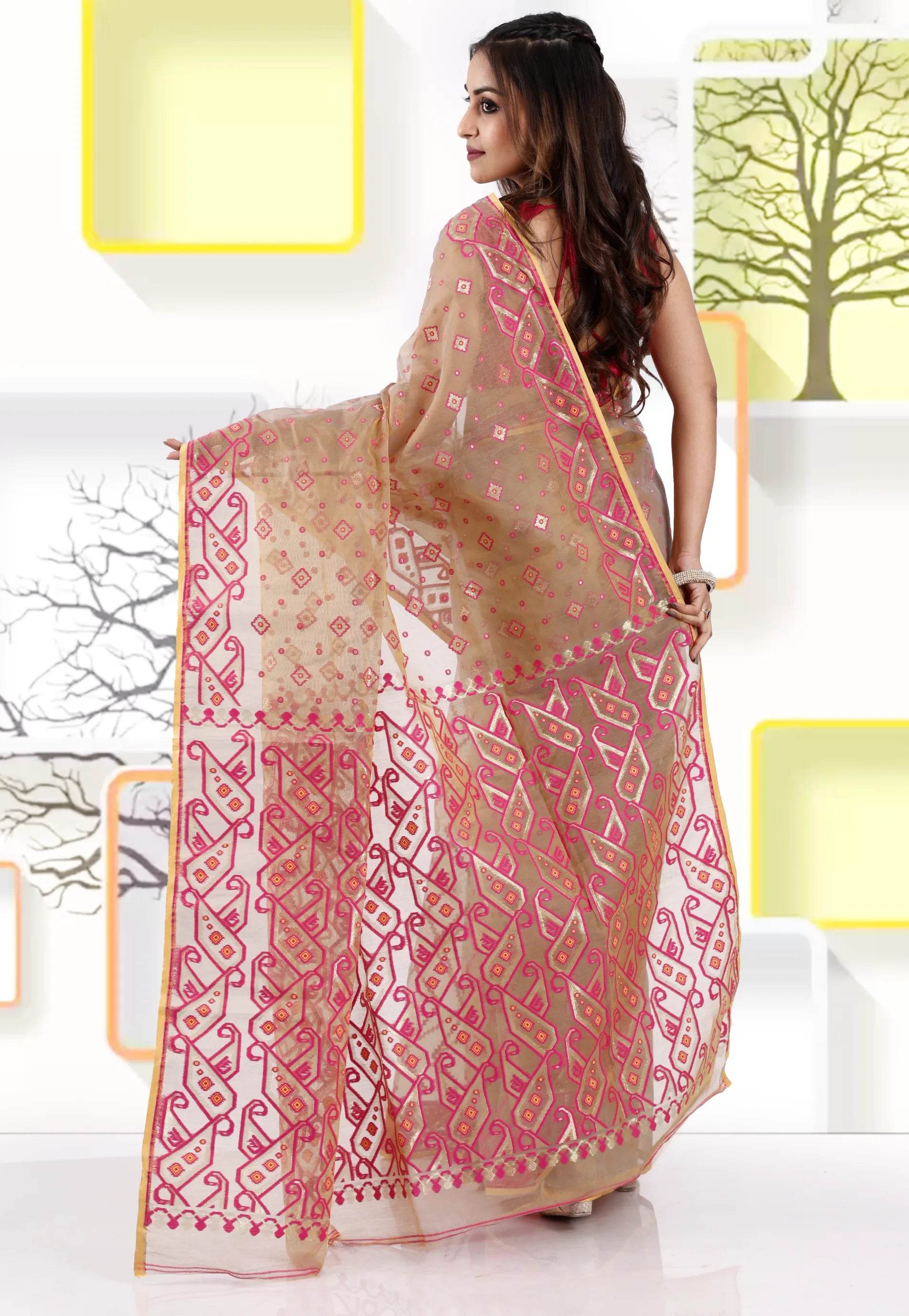 Beige Dhakai Jamdani Cotton Saree without Blouse Piece - Adi Akshoy & Co.