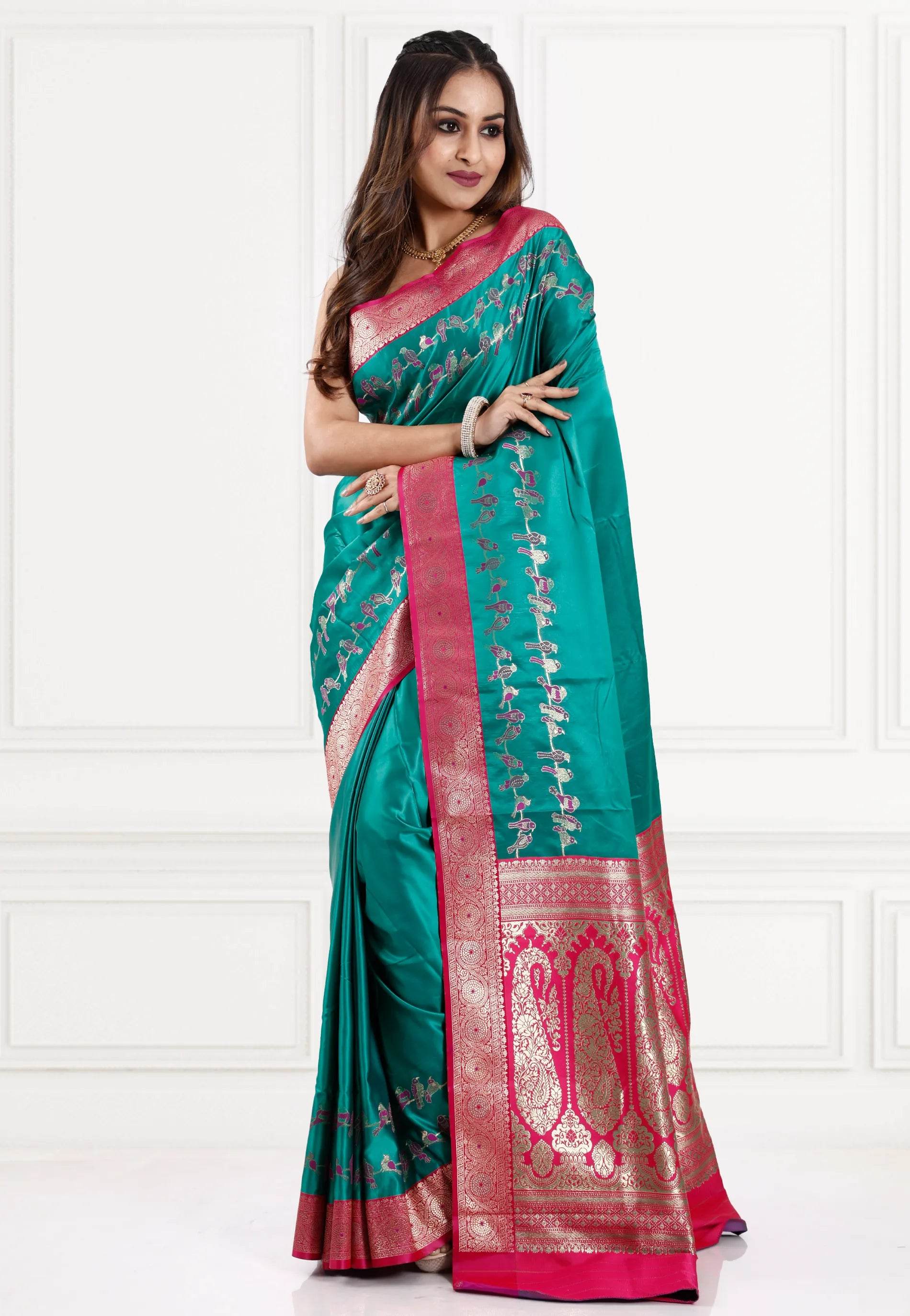 Rama Green with Rani Border Mashru Silk Saree with Blouse Piece - Adi Akshoy & Co.