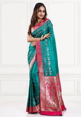 Rama Green with Rani Border Mashru Silk Saree with Blouse Piece - Adi Akshoy & Co.
