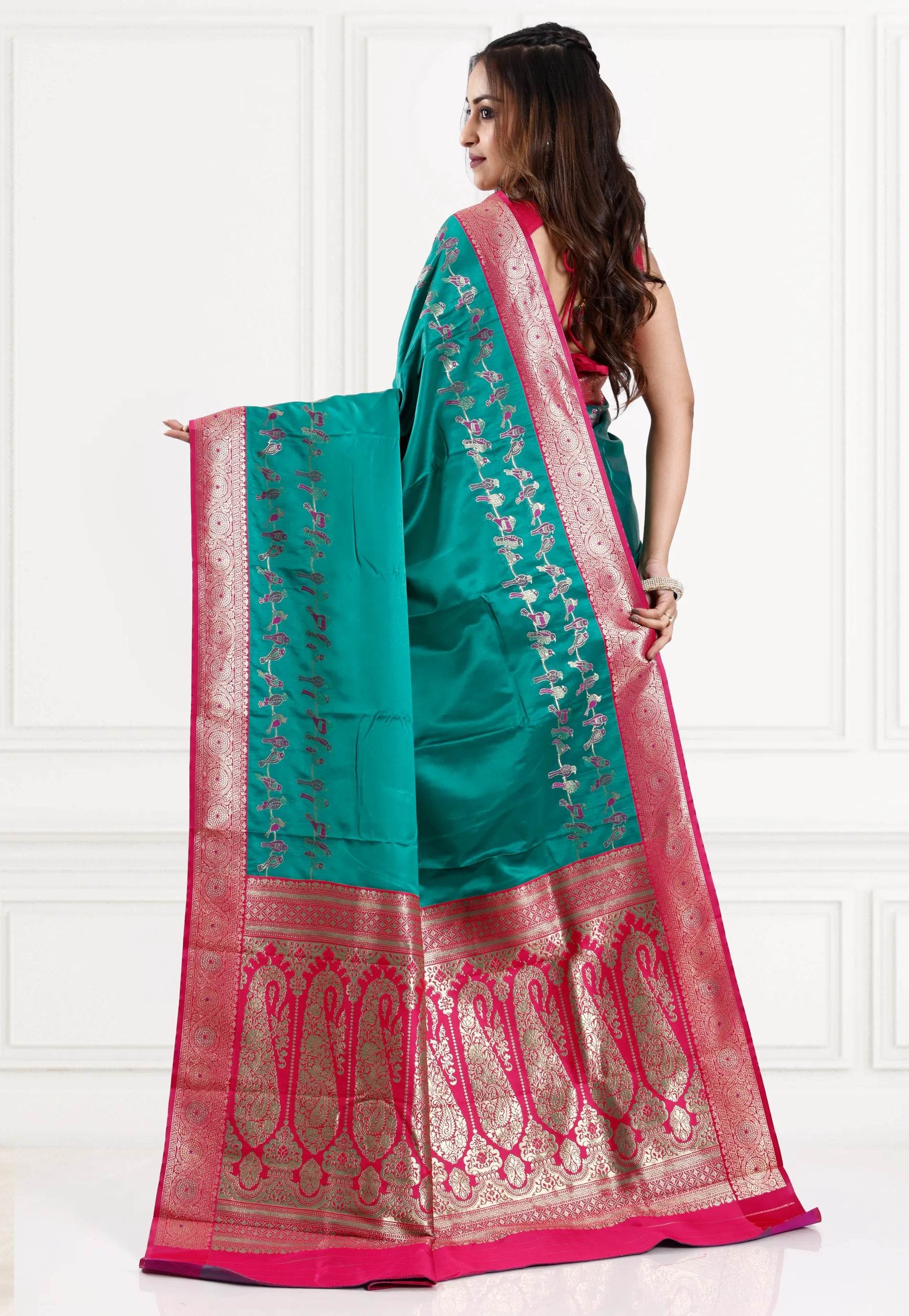 Rama Green with Rani Border Mashru Silk Saree with Blouse Piece - Adi Akshoy & Co.