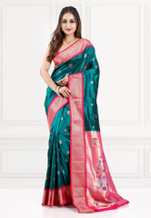 Rama Green with Rani Border Paithani Pure Silk Saree With Blouse Piece - Adi Akshoy & Co.