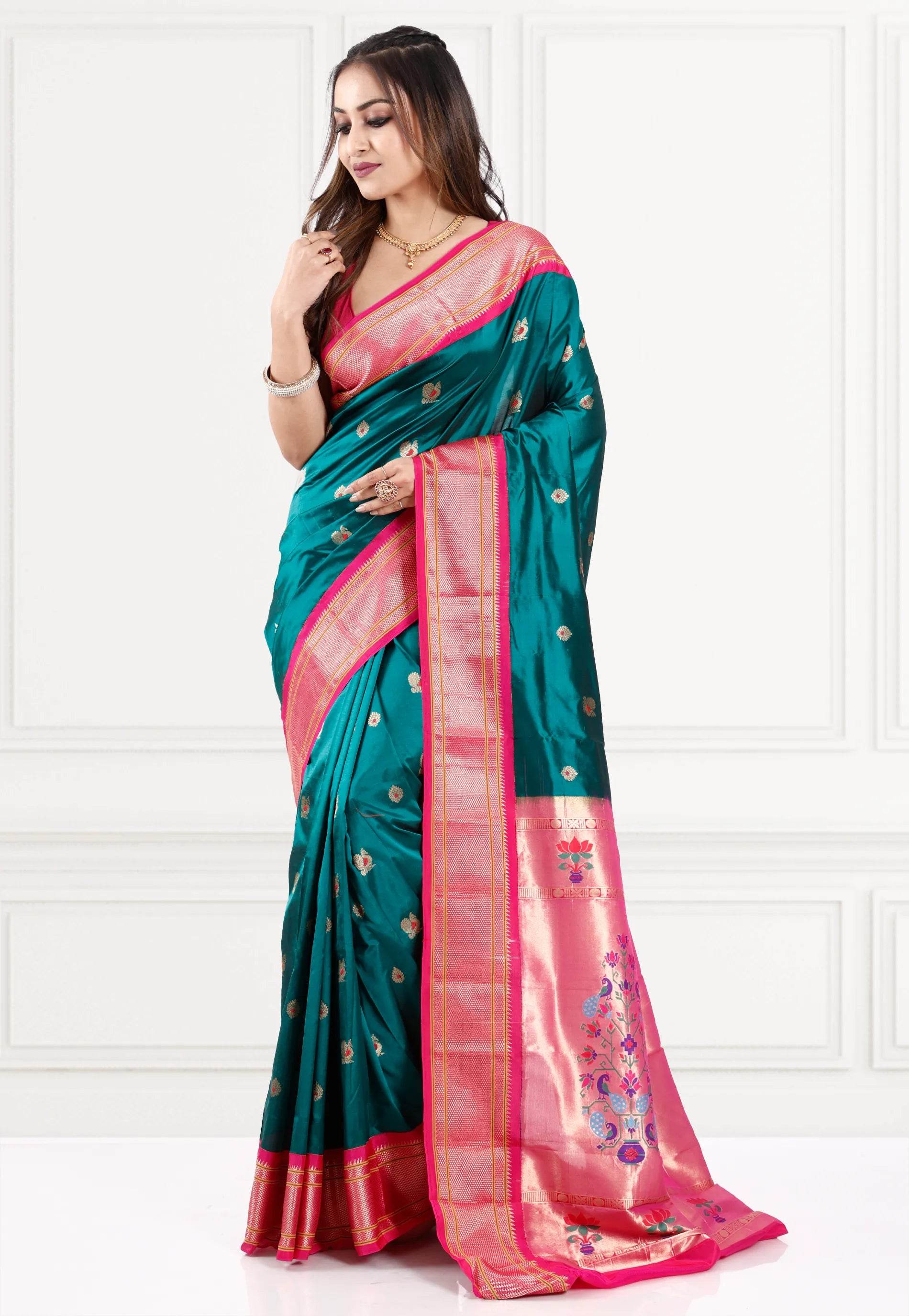 Rama Green with Rani Border Paithani Pure Silk Saree With Blouse Piece - Adi Akshoy & Co.