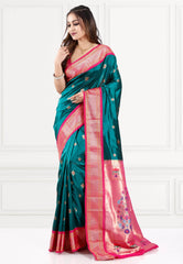 Rama Green with Rani Border Paithani Pure Silk Saree With Blouse Piece - Adi Akshoy & Co.