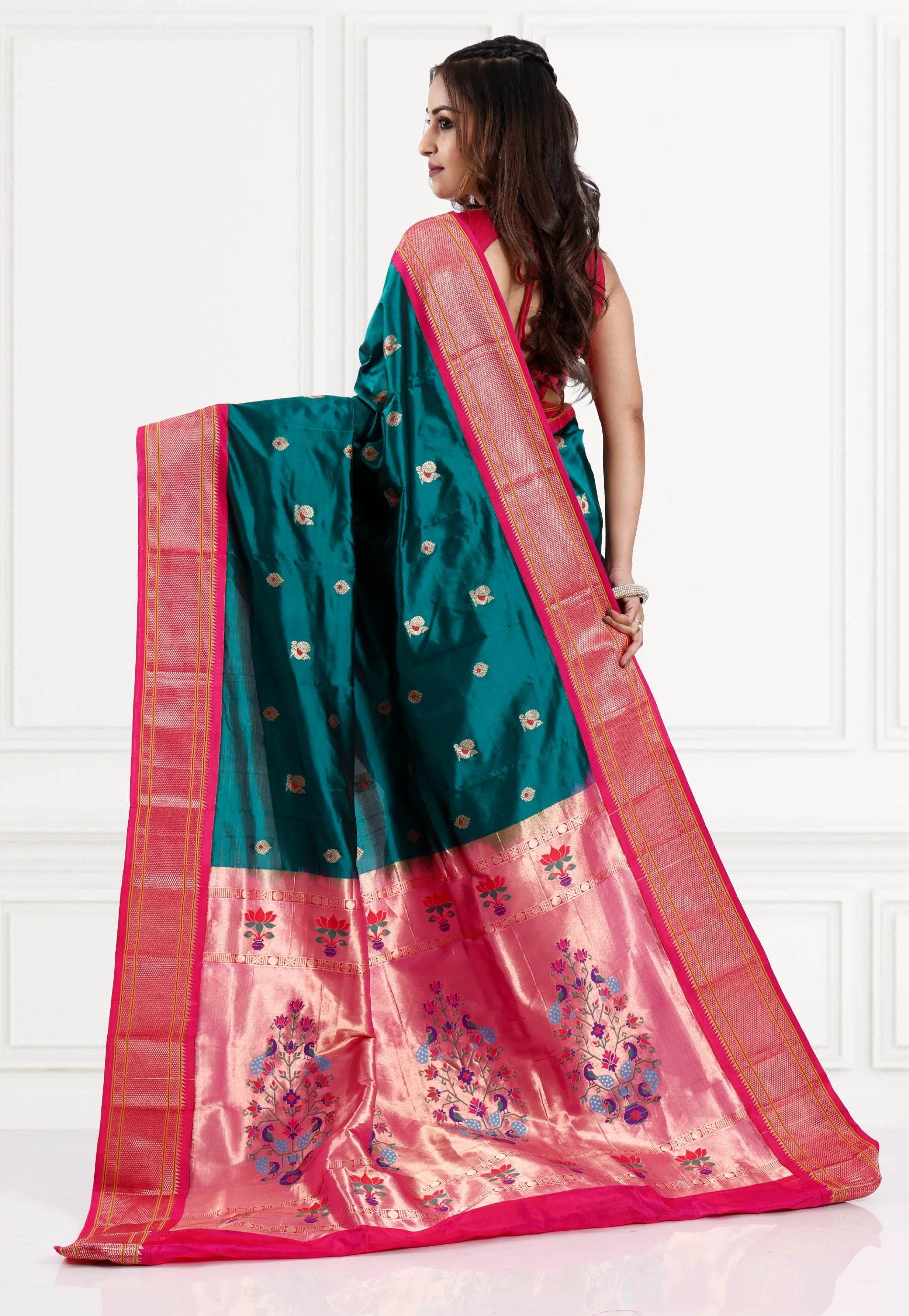Rama Green with Rani Border Paithani Pure Silk Saree With Blouse Piece - Adi Akshoy & Co.