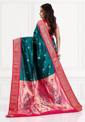 Rama Green with Rani Border Paithani Pure Silk Saree With Blouse Piece - Adi Akshoy & Co.