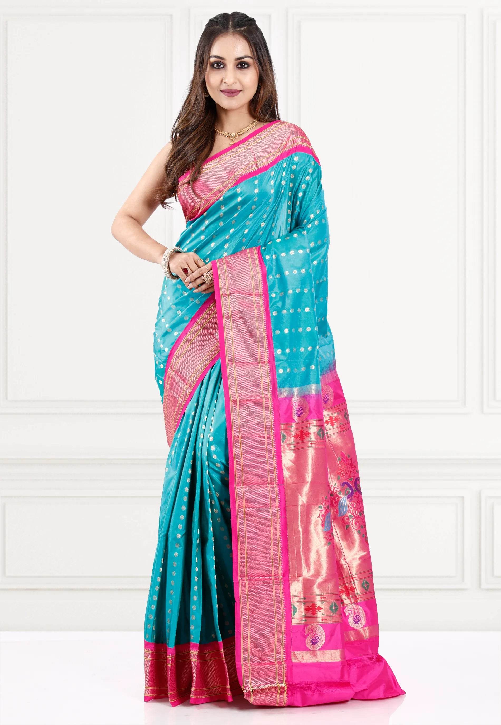 Feroza Blue with Rani Border Paithani Pure Silk Saree With Blouse Piece - Adi Akshoy & Co.