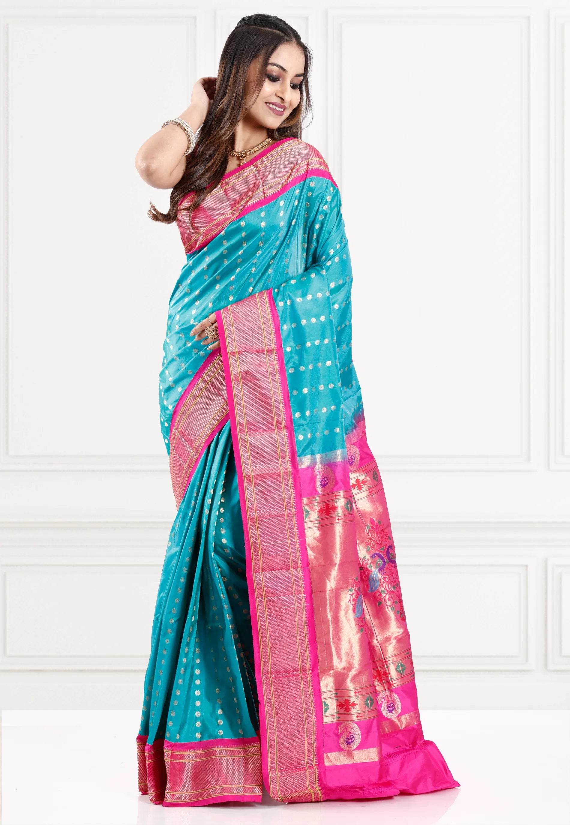 Feroza Blue with Rani Border Paithani Pure Silk Saree With Blouse Piece - Adi Akshoy & Co.