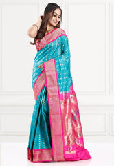 Feroza Blue with Rani Border Paithani Pure Silk Saree With Blouse Piece - Adi Akshoy & Co.