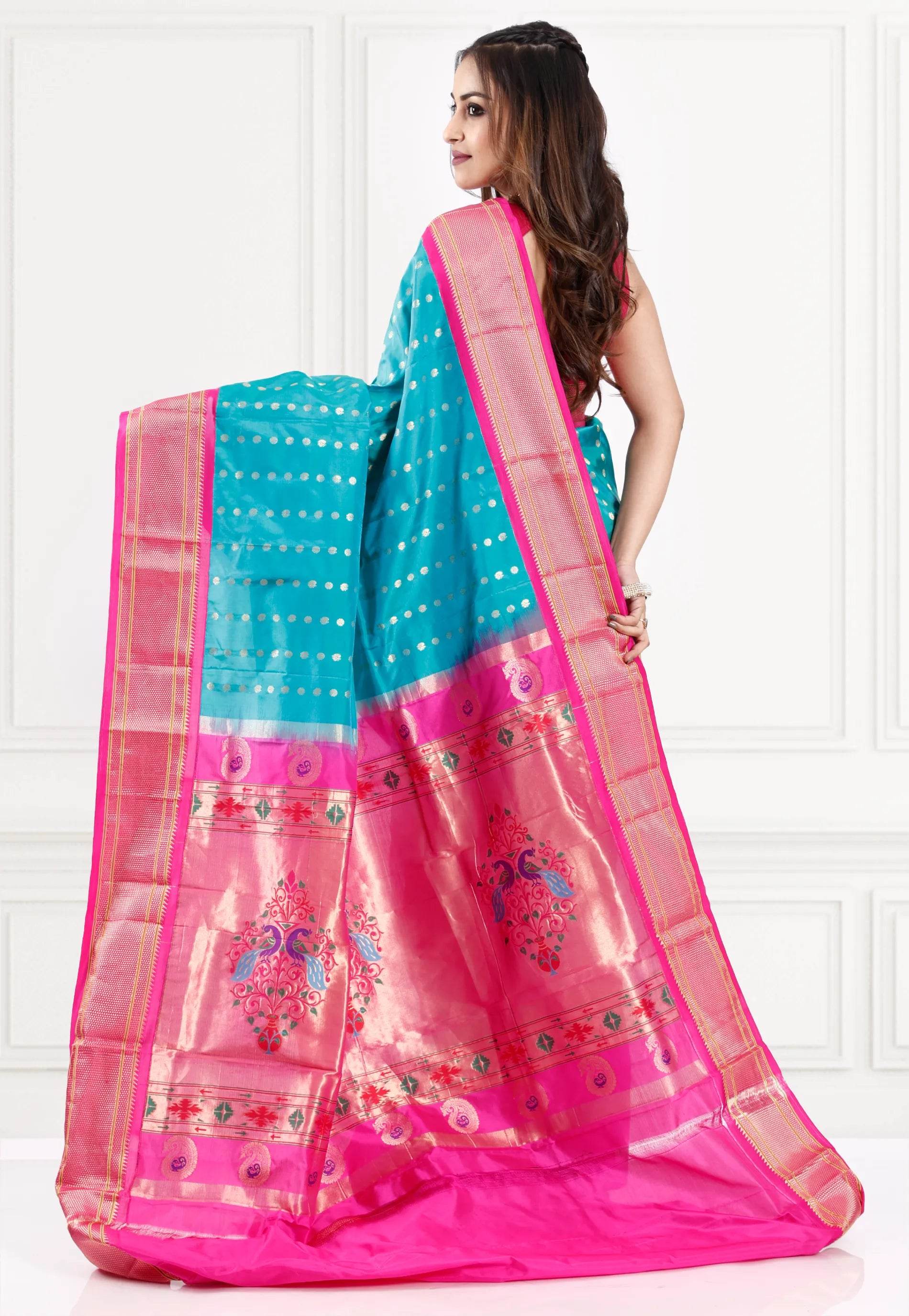 Feroza Blue with Rani Border Paithani Pure Silk Saree With Blouse Piece - Adi Akshoy & Co.