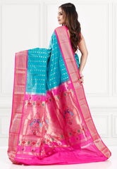 Feroza Blue with Rani Border Paithani Pure Silk Saree With Blouse Piece - Adi Akshoy & Co.