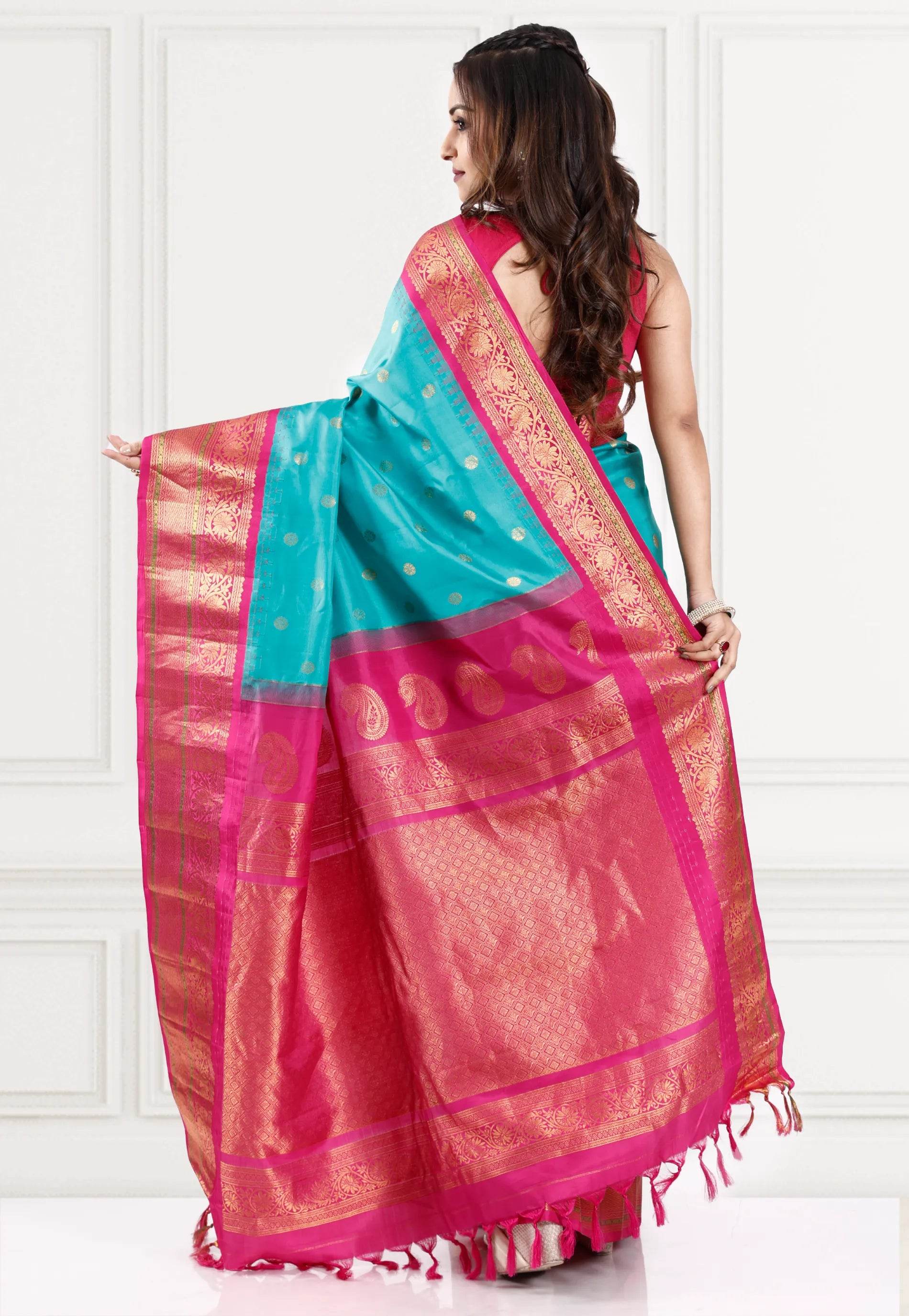 Sea Green with Rani Border Gadwal Pure Silk Saree With Blouse Piece - Adi Akshoy & Co.