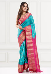 Sea Green with Rani Border Gadwal Pure Silk Saree With Blouse Piece - Adi Akshoy & Co.