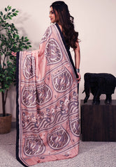 Peach color Pure Silk Kantha Saree With Blouse Piece - Adi Akshoy & Co.