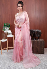 Onion Pink Tissue Embroidery Saree with Blouse Piece - Adi Akshoy & Co.