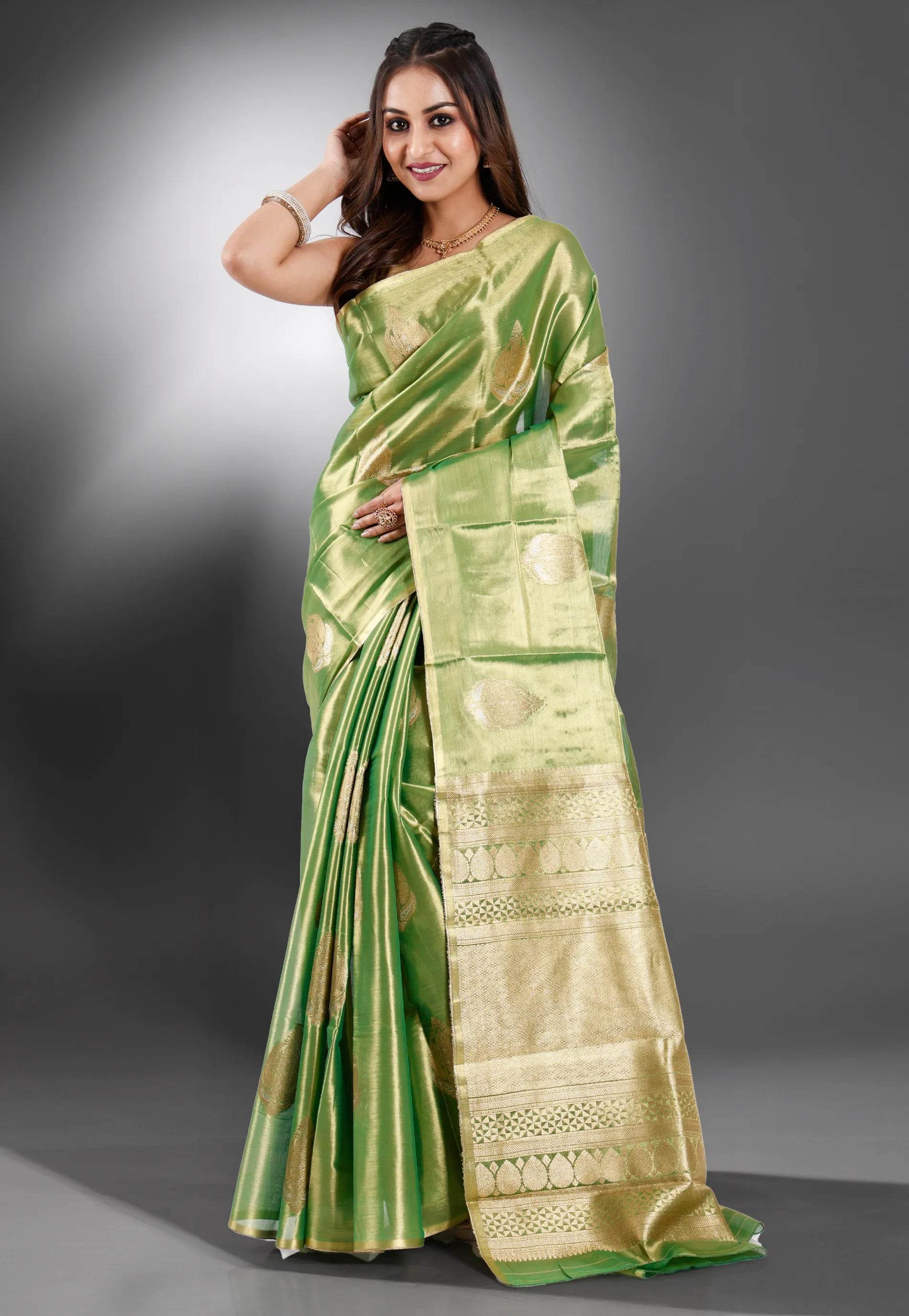 Green Tissue Kanjivaram Silk Saree With Blouse Piece - Adi Akshoy & Co.