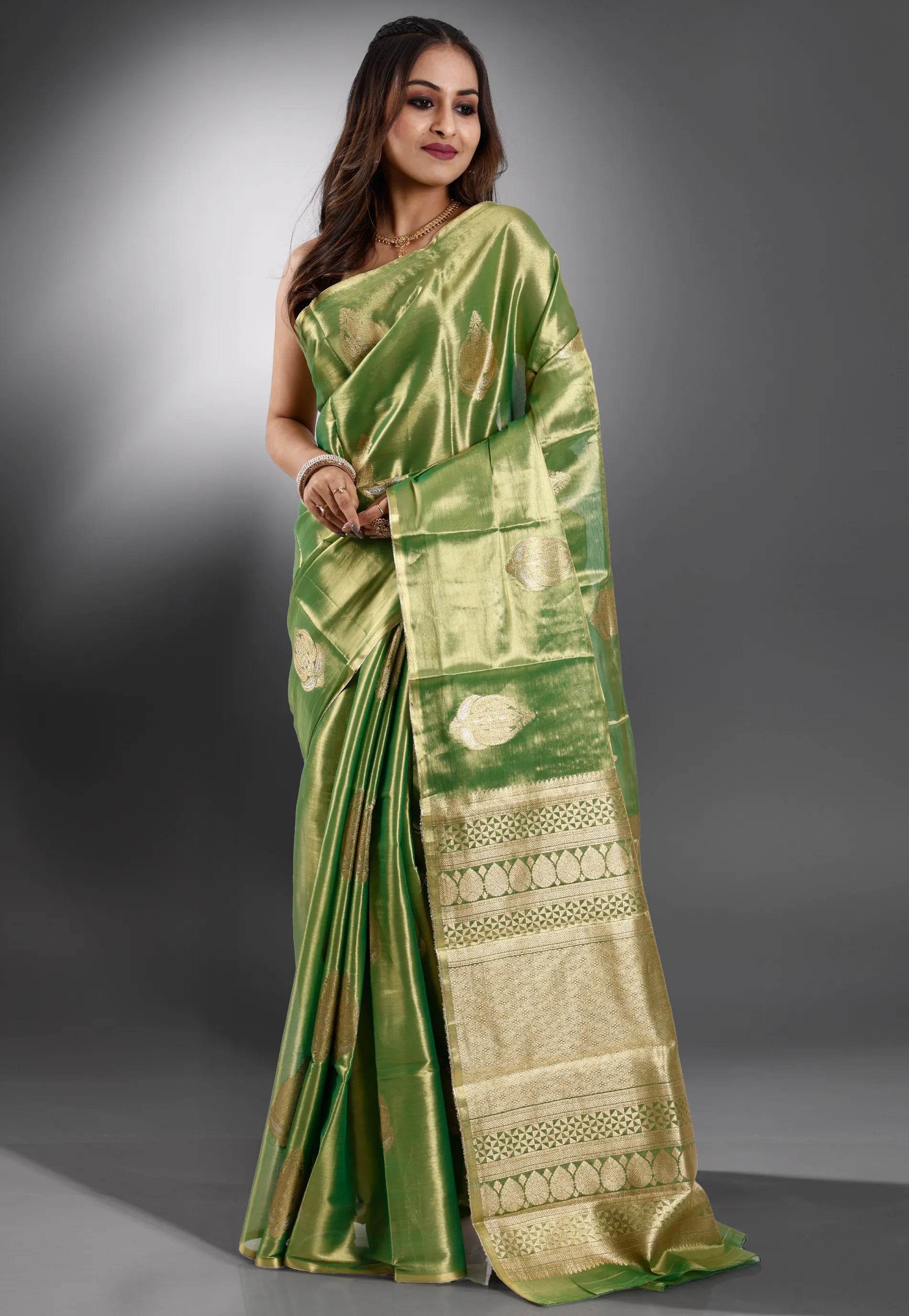 Green Tissue Kanjivaram Silk Saree With Blouse Piece - Adi Akshoy & Co.