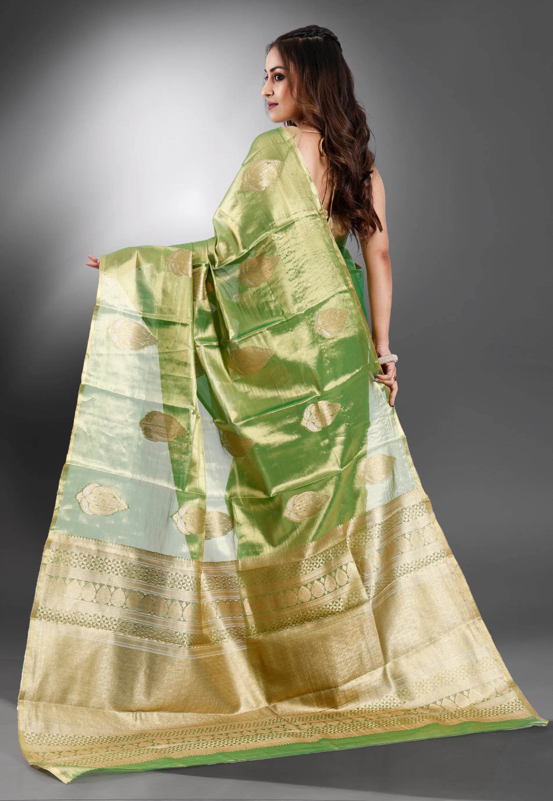 Green Tissue Kanjivaram Silk Saree With Blouse Piece - Adi Akshoy & Co.
