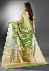 Green Tissue Kanjivaram Silk Saree With Blouse Piece - Adi Akshoy & Co.