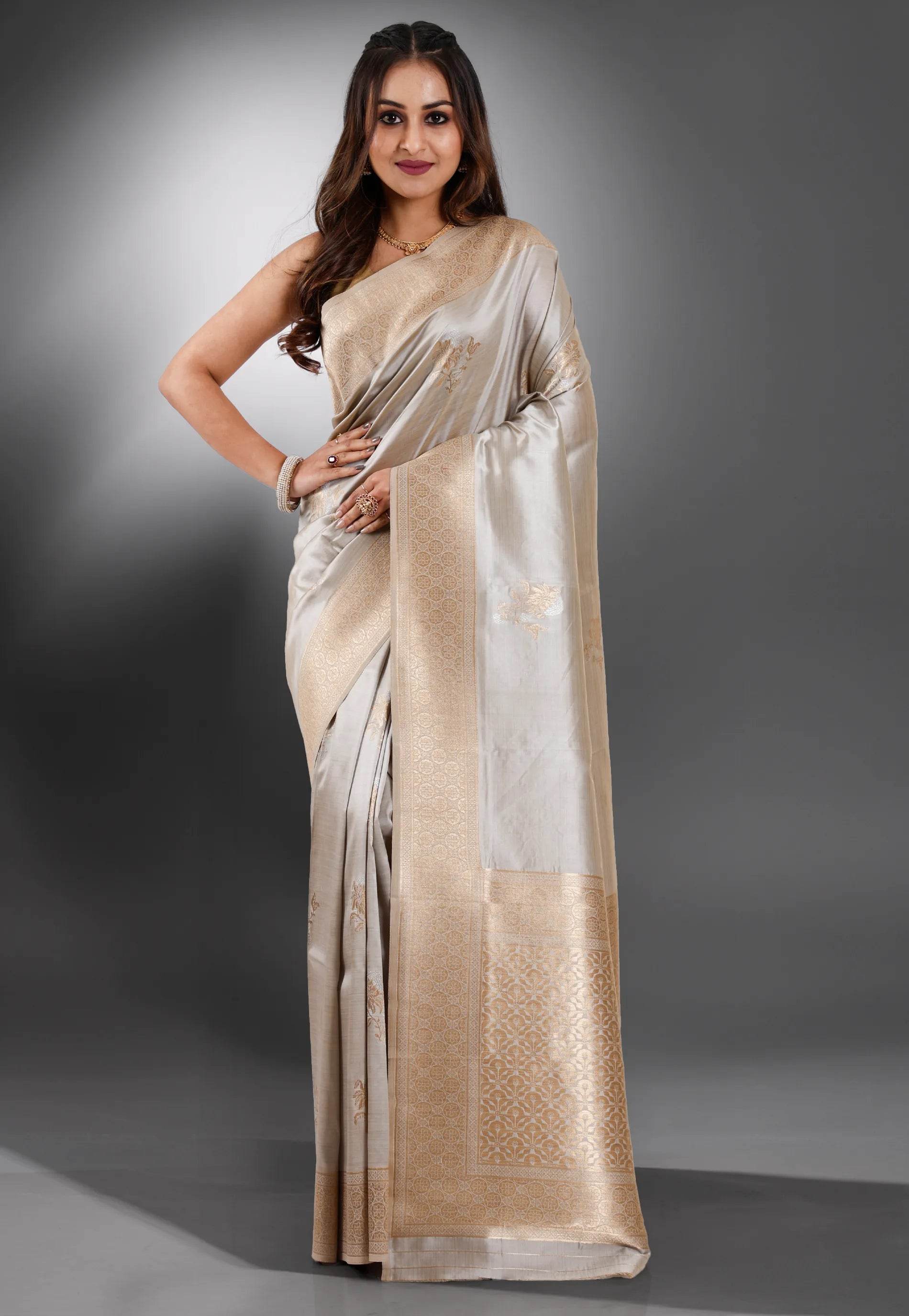 Grey Katan Silk Saree With Blouse Piece - Adi Akshoy & Co.
