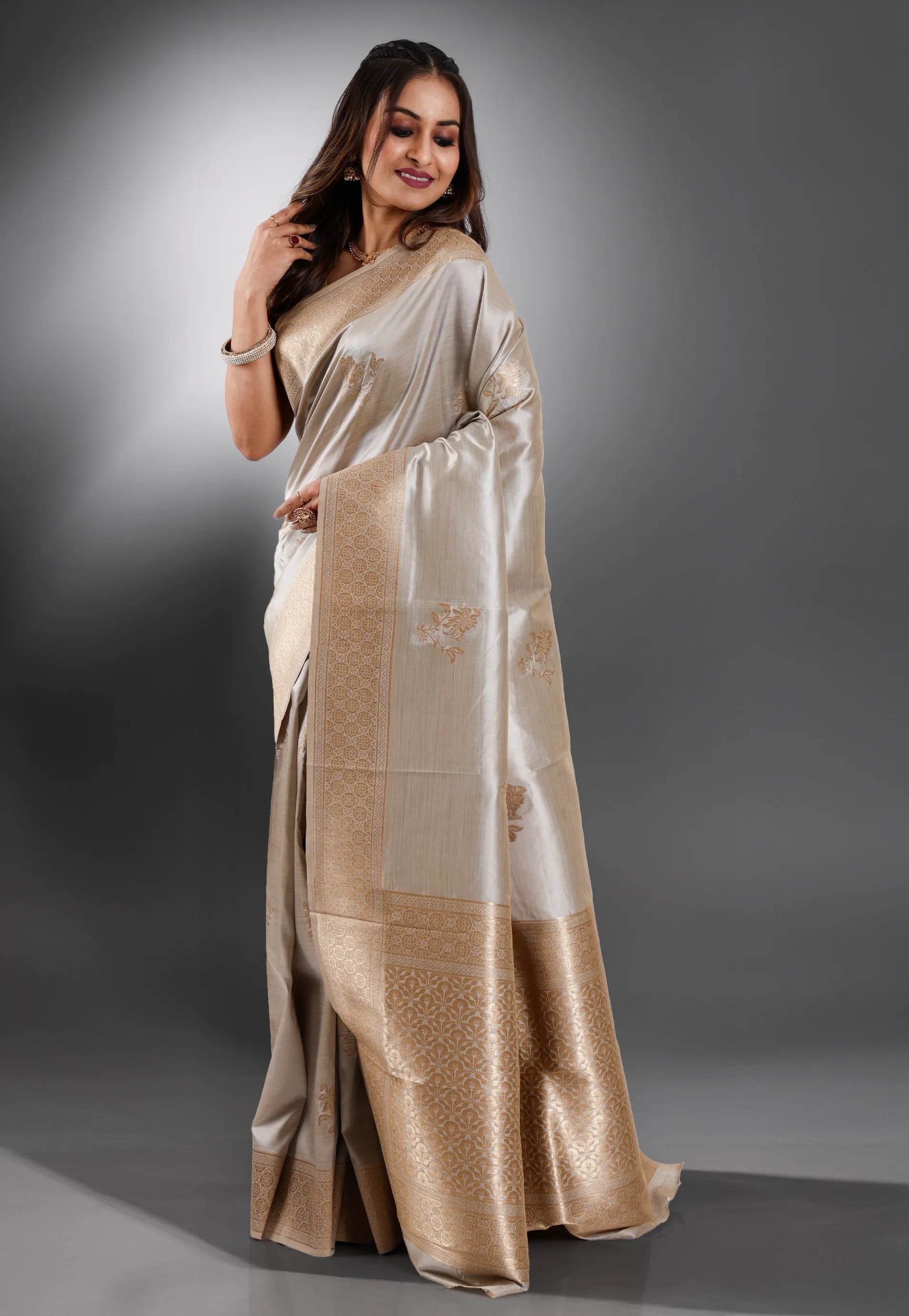 Grey Katan Silk Saree With Blouse Piece - Adi Akshoy & Co.