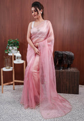 Onion Pink Tissue Embroidery Saree with Blouse Piece - Adi Akshoy & Co.