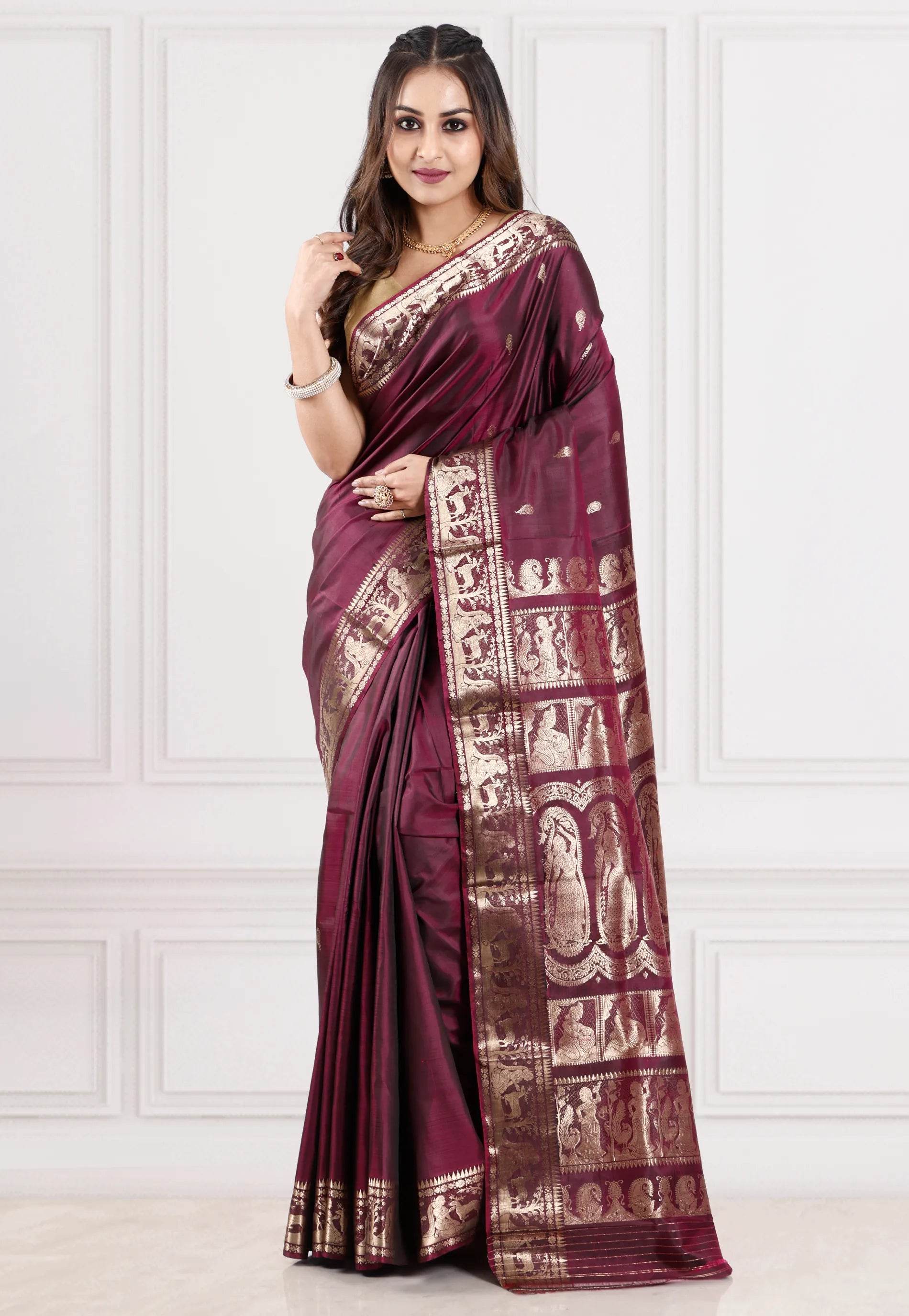 Cross Maroon Baluchari Pure Silk Saree with Blouse Piece - Adi Akshoy & Co.