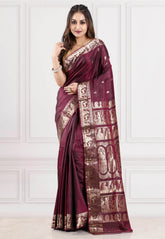 Cross Maroon Baluchari Pure Silk Saree with Blouse Piece - Adi Akshoy & Co.
