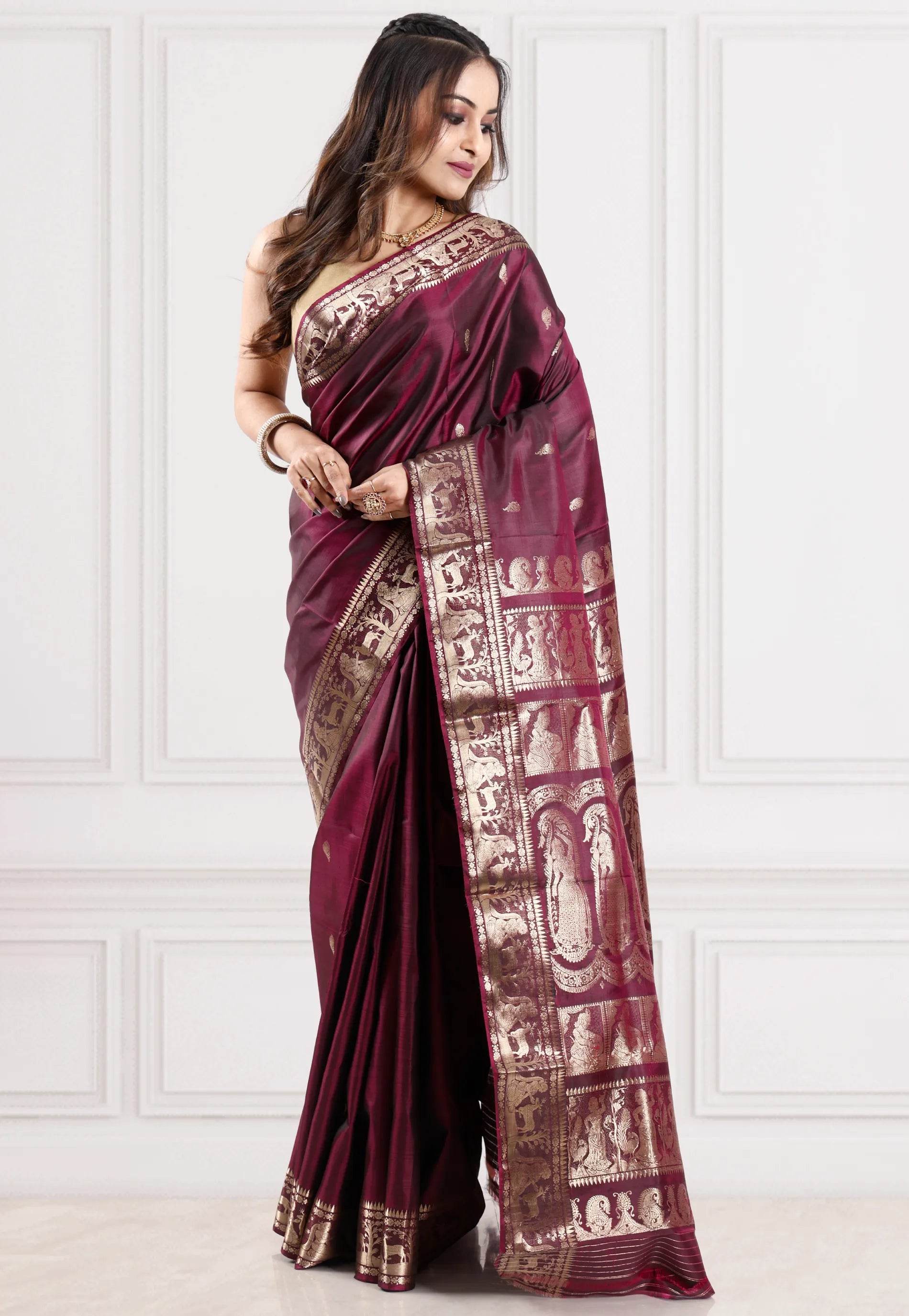 Cross Maroon Baluchari Pure Silk Saree with Blouse Piece - Adi Akshoy & Co.