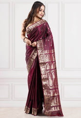 Cross Maroon Baluchari Pure Silk Saree with Blouse Piece - Adi Akshoy & Co.
