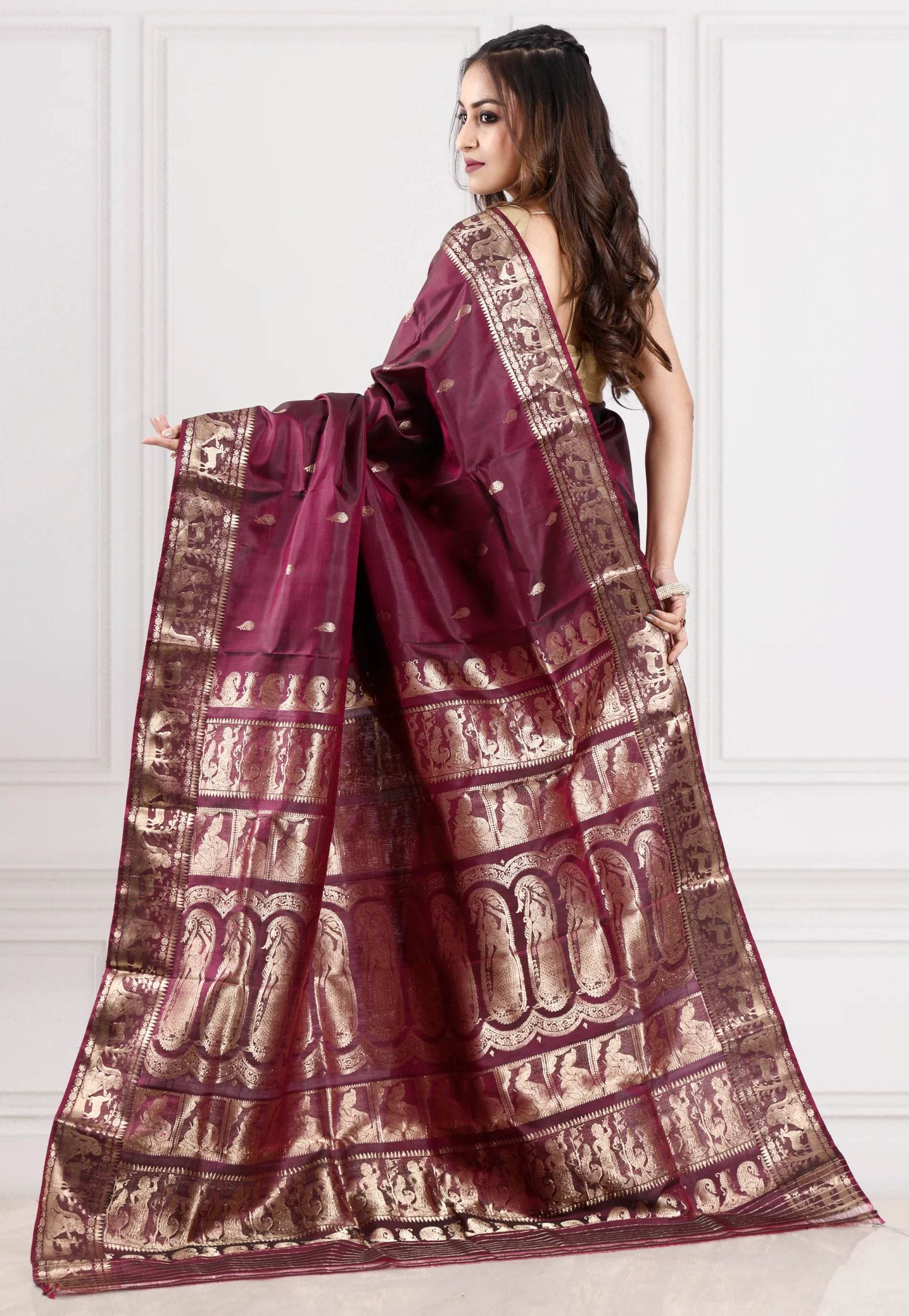 Cross Maroon Baluchari Pure Silk Saree with Blouse Piece - Adi Akshoy & Co.
