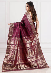 Cross Maroon Baluchari Pure Silk Saree with Blouse Piece - Adi Akshoy & Co.