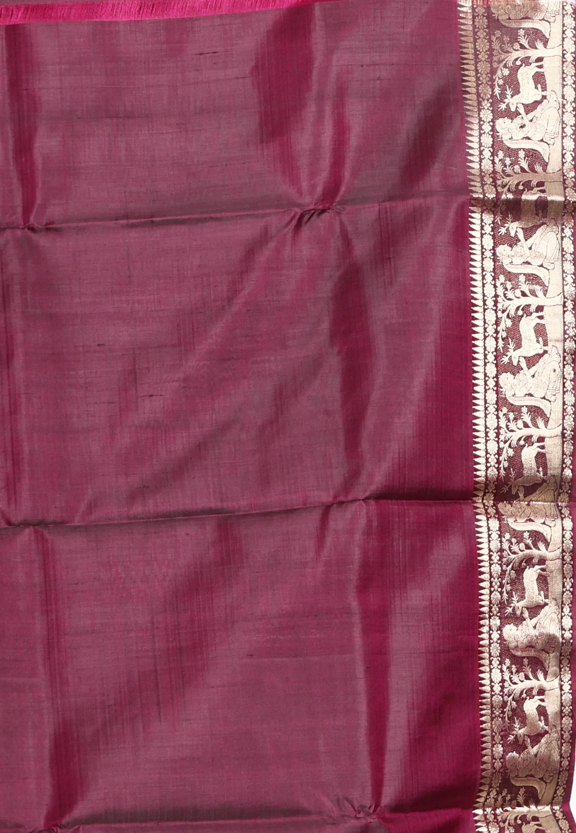 Cross Maroon Baluchari Pure Silk Saree with Blouse Piece - Adi Akshoy & Co.