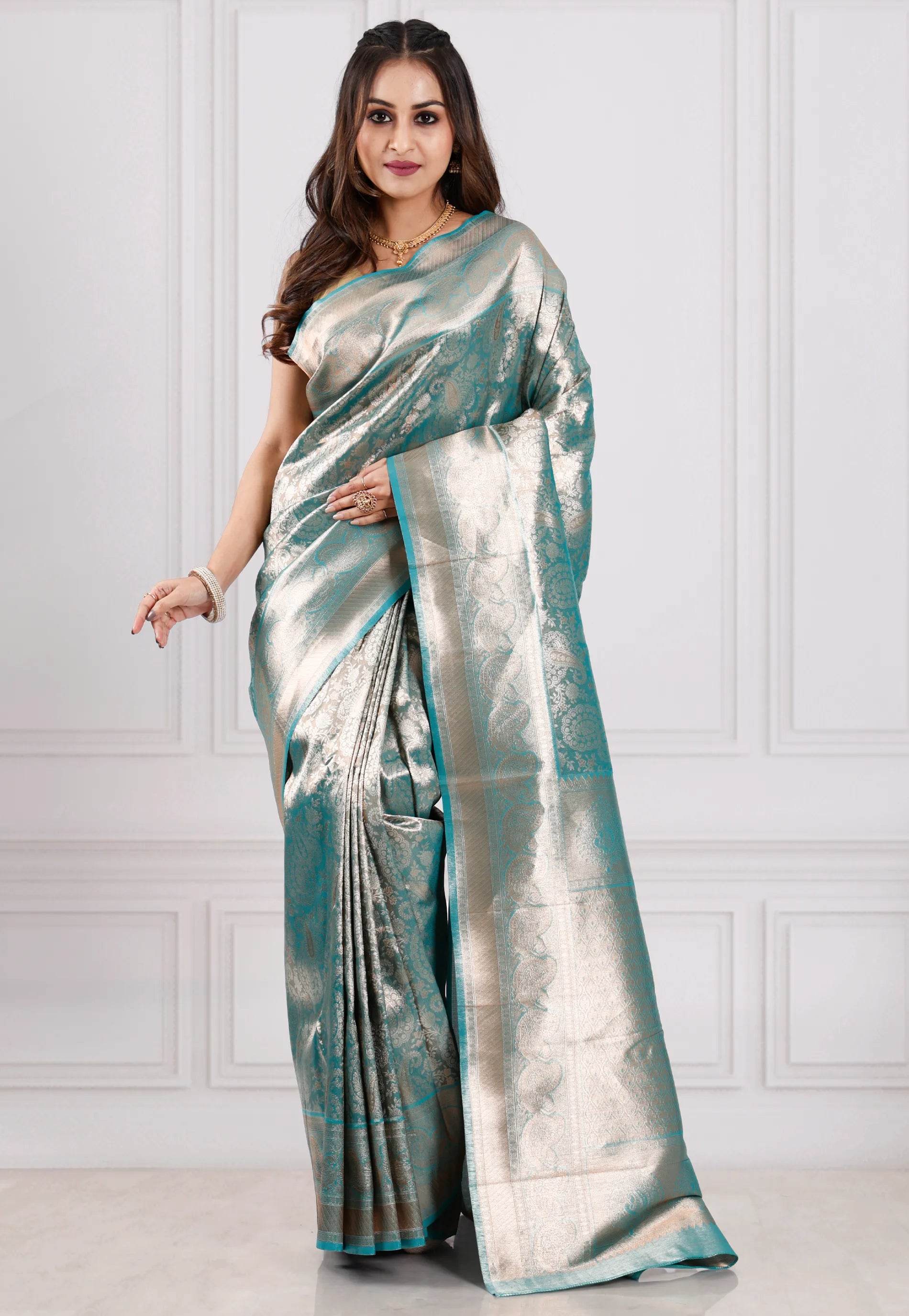Sea Green Brocade Tissue Kanjivaram Silk Saree With Blouse Piece - Adi Akshoy & Co.