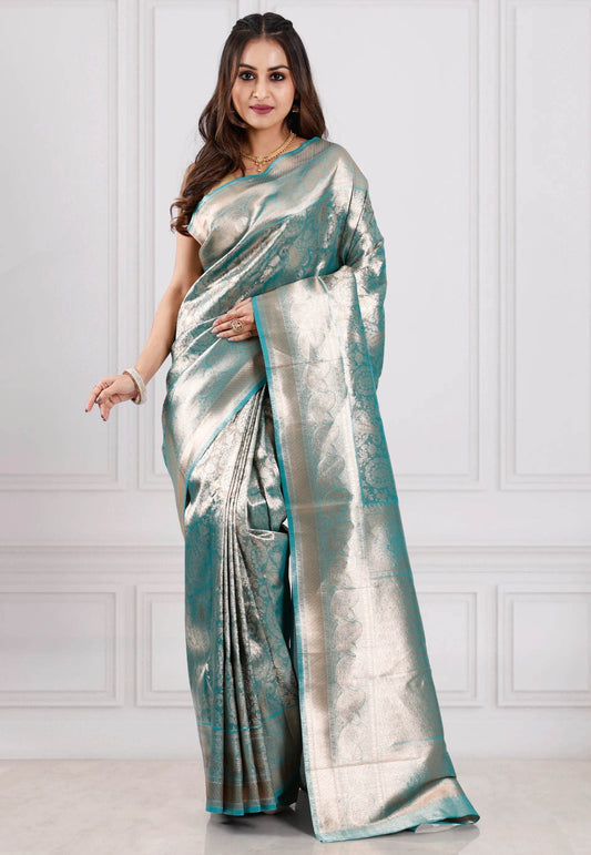Sea Green Brocade Tissue Kanjivaram Silk Saree With Blouse Piece - Adi Akshoy & Co.