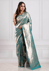 Sea Green Brocade Tissue Kanjivaram Silk Saree With Blouse Piece - Adi Akshoy & Co.