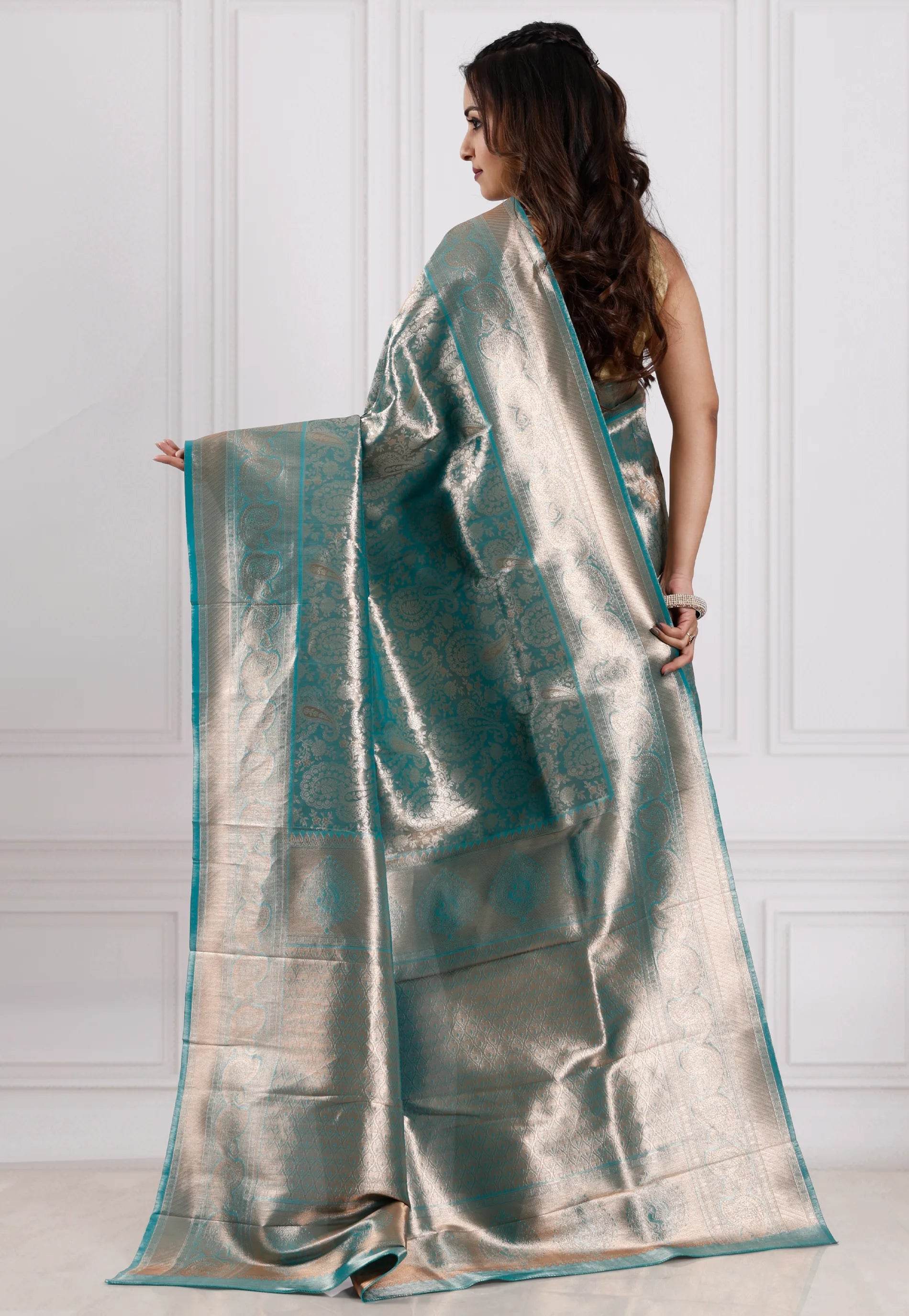 Sea Green Brocade Tissue Kanjivaram Silk Saree With Blouse Piece - Adi Akshoy & Co.
