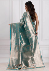 Sea Green Brocade Tissue Kanjivaram Silk Saree With Blouse Piece - Adi Akshoy & Co.