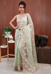 Pastel Green Organza Embroidery Saree with Blouse Piece - Adi Akshoy & Co.