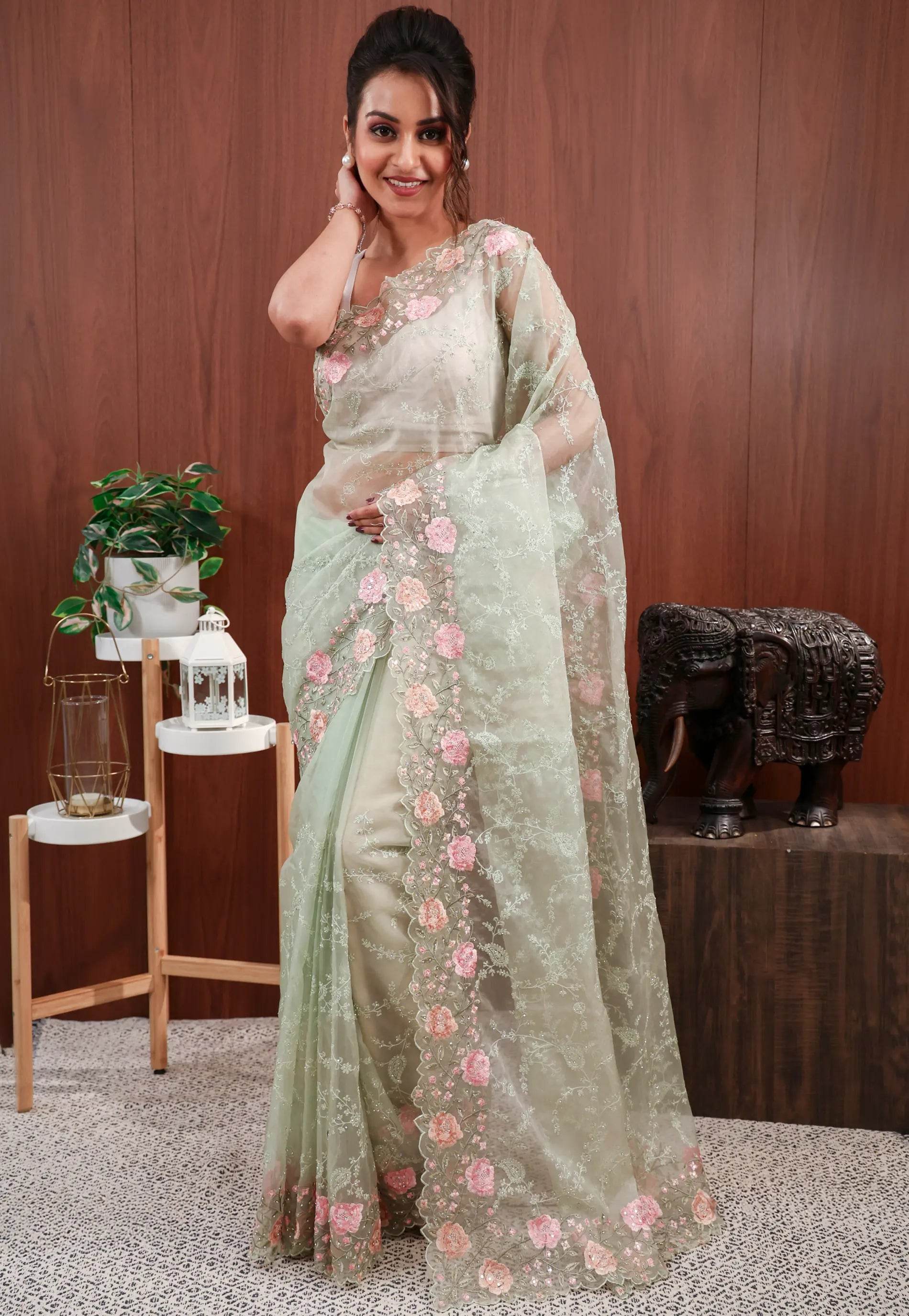 Pastel Green Organza Embroidery Saree with Blouse Piece - Adi Akshoy & Co.