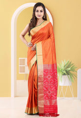 Cross Orange Ikkat Silk Saree With Blouse Piece - Adi Akshoy & Co.