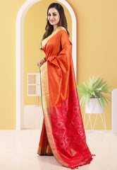 Cross Orange Ikkat Silk Saree With Blouse Piece - Adi Akshoy & Co.