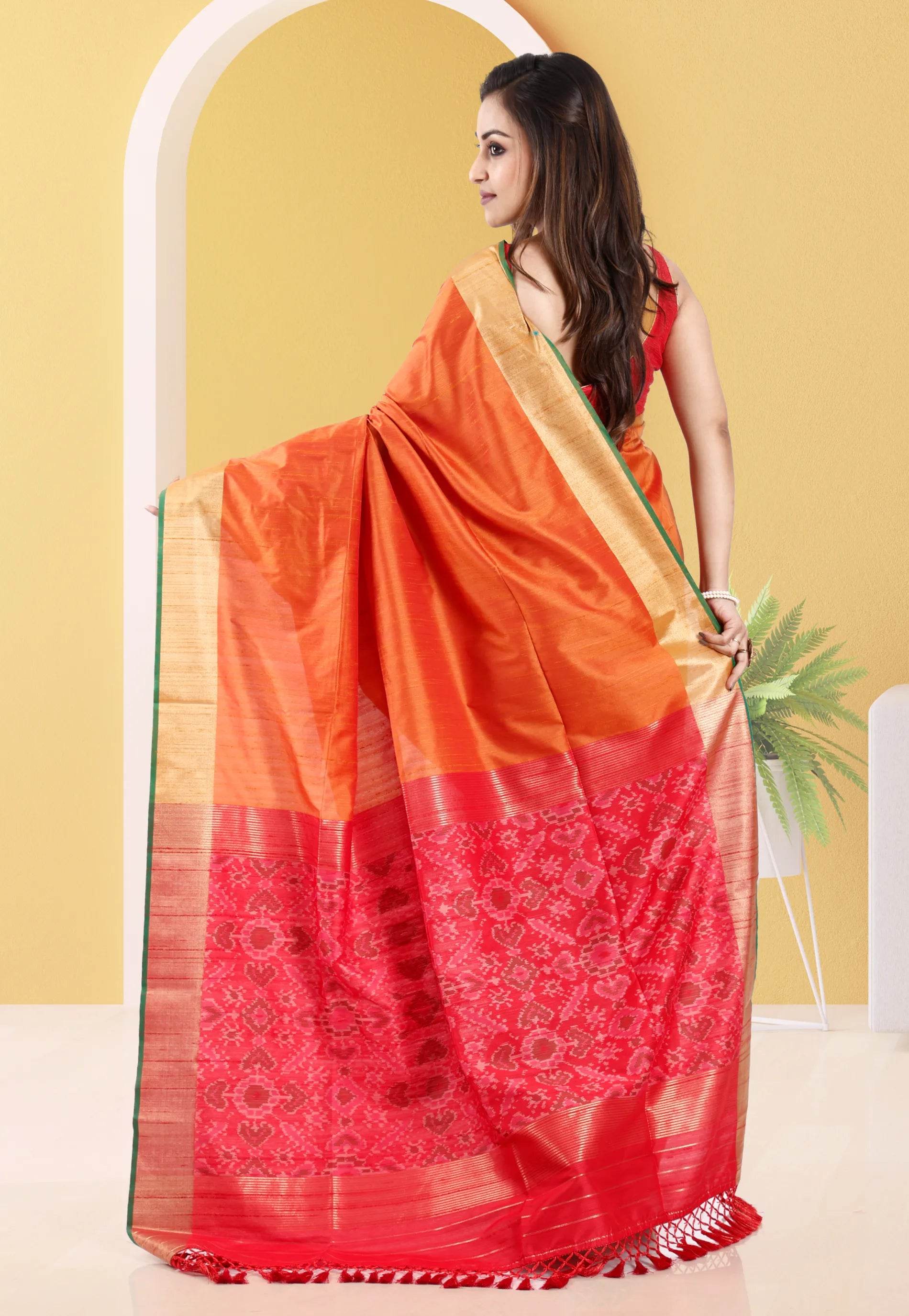 Cross Orange Ikkat Silk Saree With Blouse Piece - Adi Akshoy & Co.