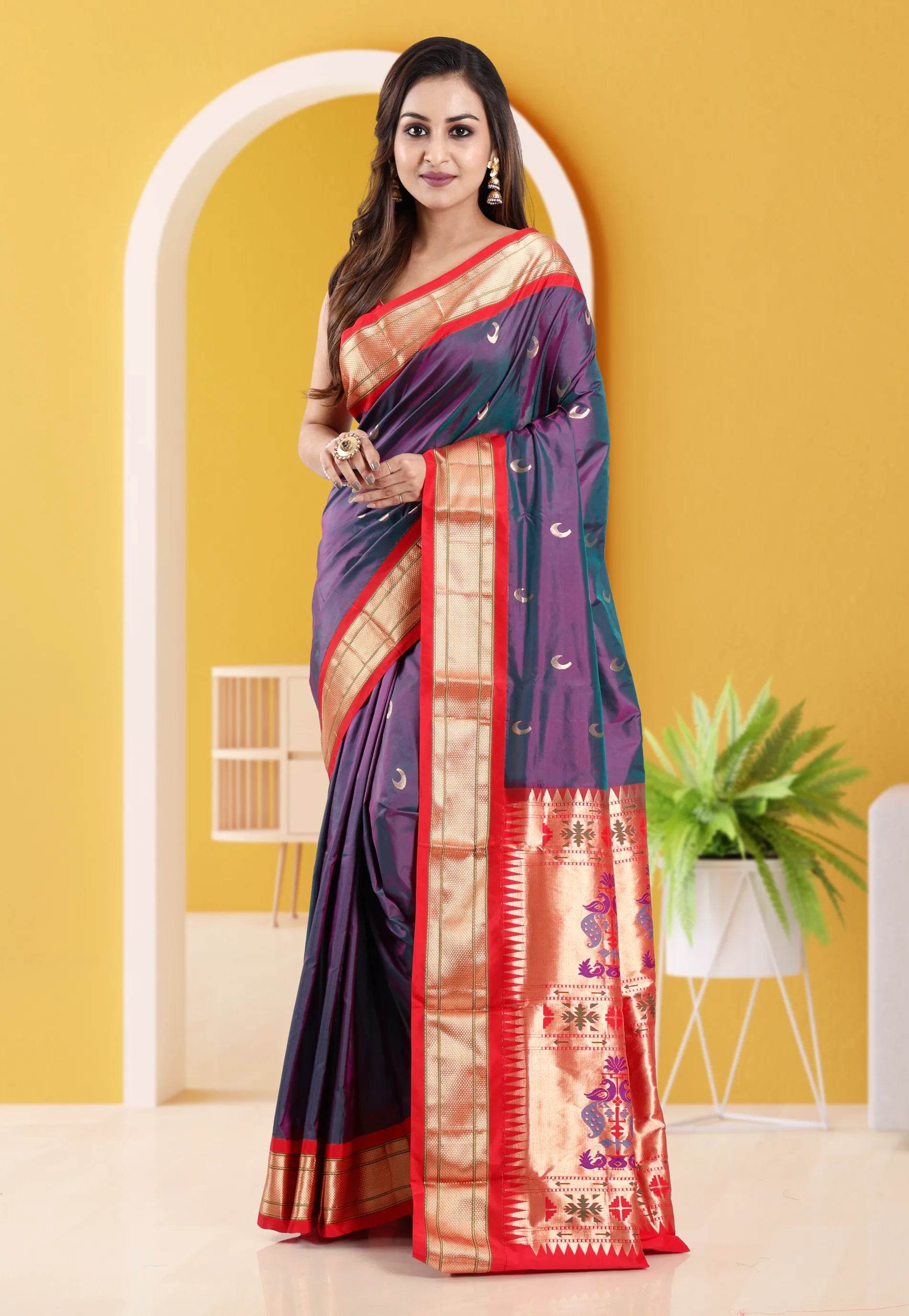 Cross Purple with Red Border Paithani Pure Silk Saree With Blouse Piece - Adi Akshoy & Co.
