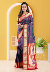 Cross Purple with Red Border Paithani Pure Silk Saree With Blouse Piece - Adi Akshoy & Co.