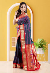 Cross Purple with Red Border Paithani Pure Silk Saree With Blouse Piece - Adi Akshoy & Co.