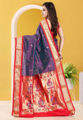 Cross Purple with Red Border Paithani Pure Silk Saree With Blouse Piece - Adi Akshoy & Co.