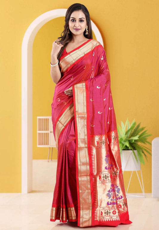 Cross Pink with Red Border Paithani Pure Silk Saree With Blouse Piece - Adi Akshoy & Co.